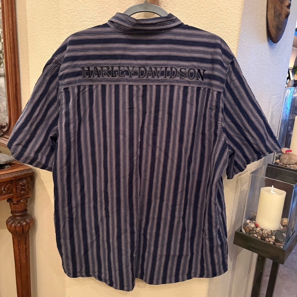 Harley-Davidson Men's Navy Gray Striped Button Embroidery Shirt Size XL